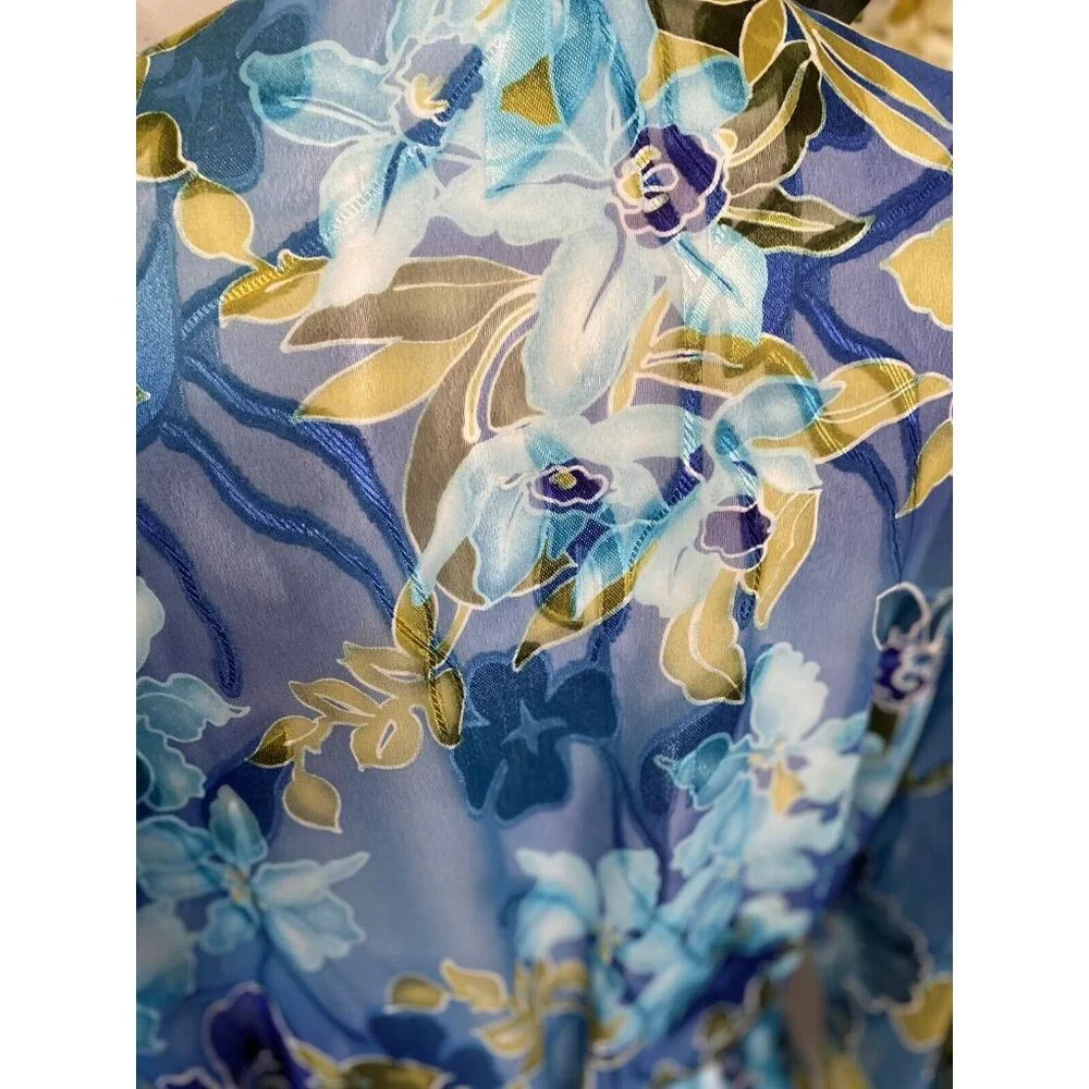 Vintage California Dynasty Blue Semi‎ Sheer Floral Long Robe Medium Pockets EUC